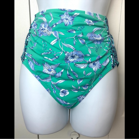 LANDS END Retro High Waisted Swimsuit Bottoms Briefs Green Floral Medallion Geo - Picture 9 of 9